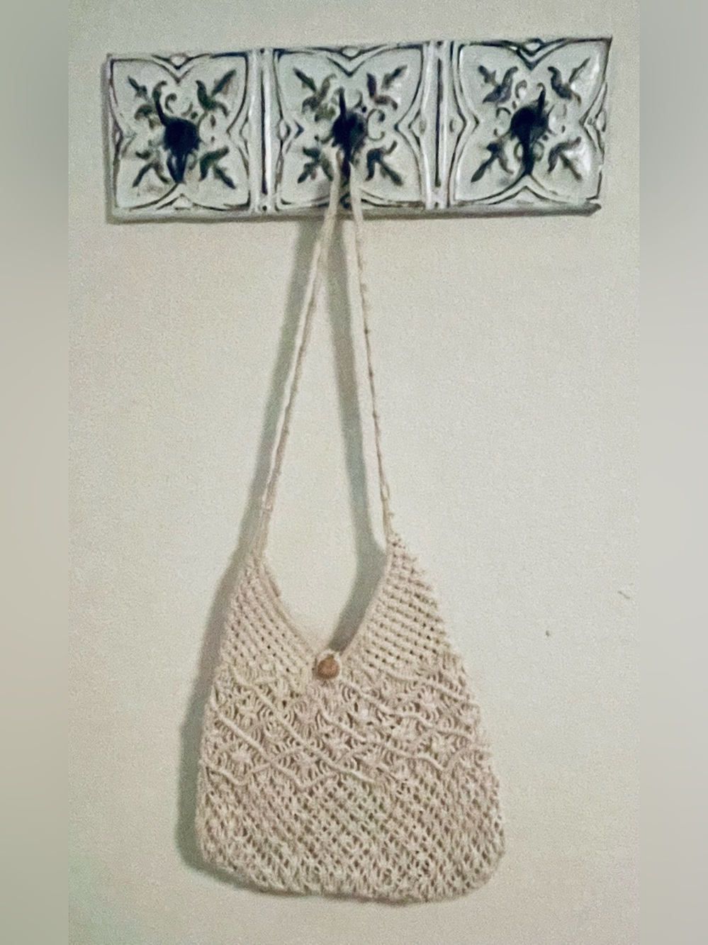 Boho Fairy Crochet Macramé Knit Cream Purse Shoulder Bag Wooden Button Closure